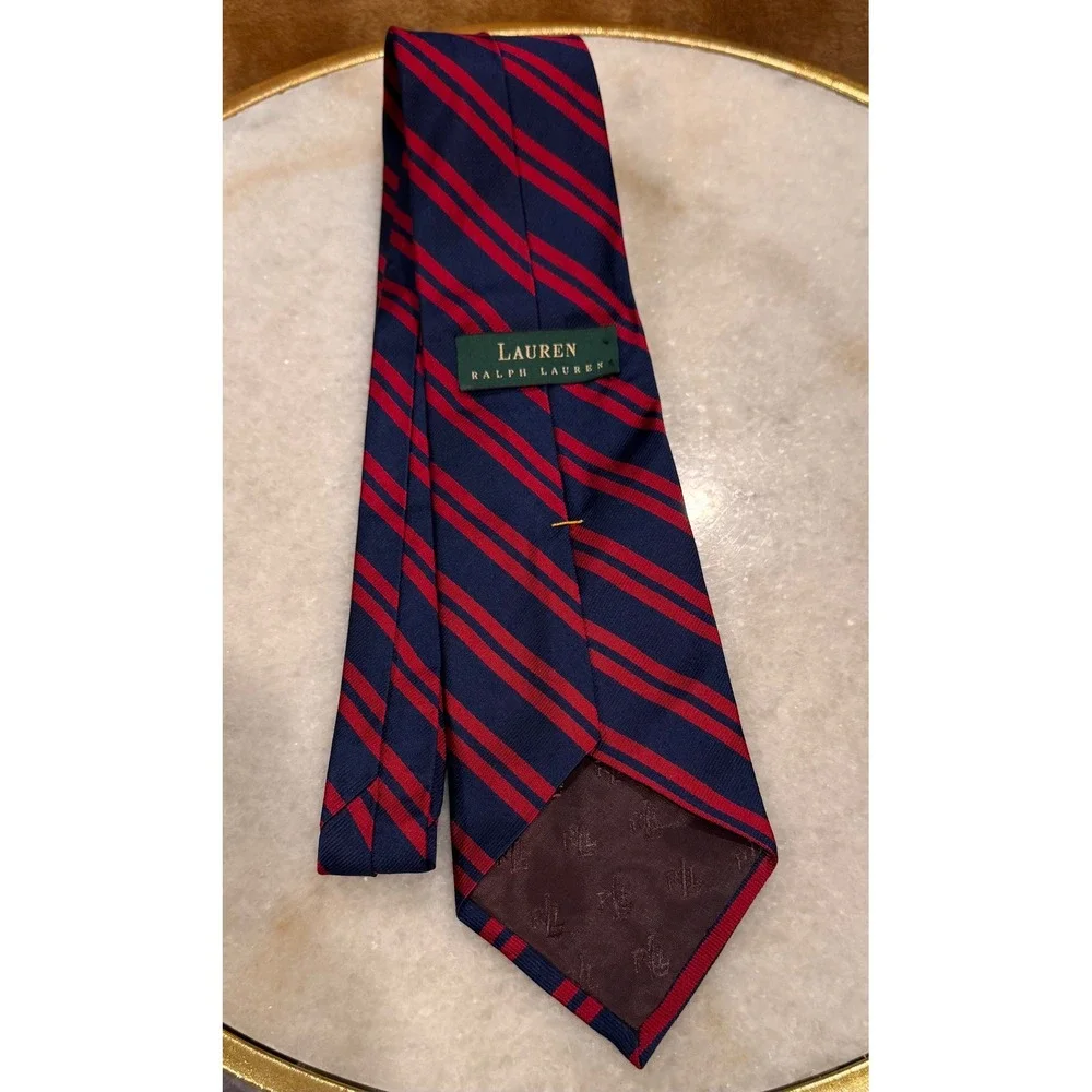 Lauren Ralph Lauren Mens Silk Tie Navy Blue Red Striped Repp Hand Finished USA